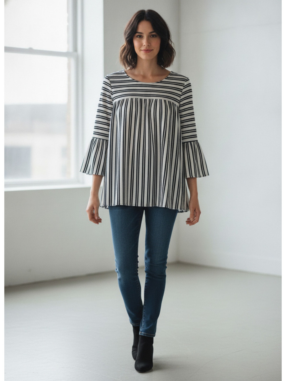 W5 Black and White Striped Bell Sleeve Blouse Size M